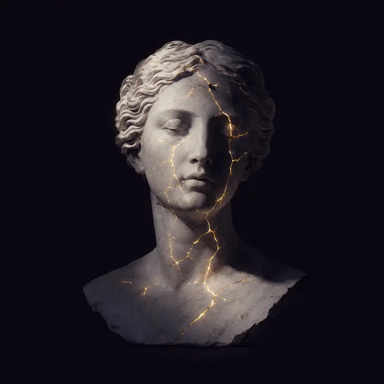 A classical marble bust, hairline gold cracks spreading across its face