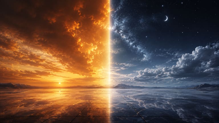 An immense sky split between blazing solar dusk and deep lunar night, meeting in a seam of light