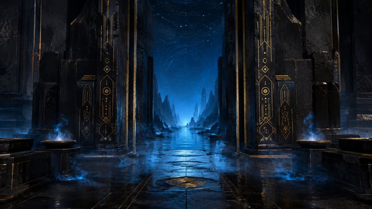 An obsidian temple threshold at the edge of a starlit underworld river, lapis light glowing beyond