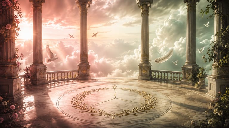 A radiant marble terrace among sunlit clouds, rose-gold light meeting cool sage-olive light