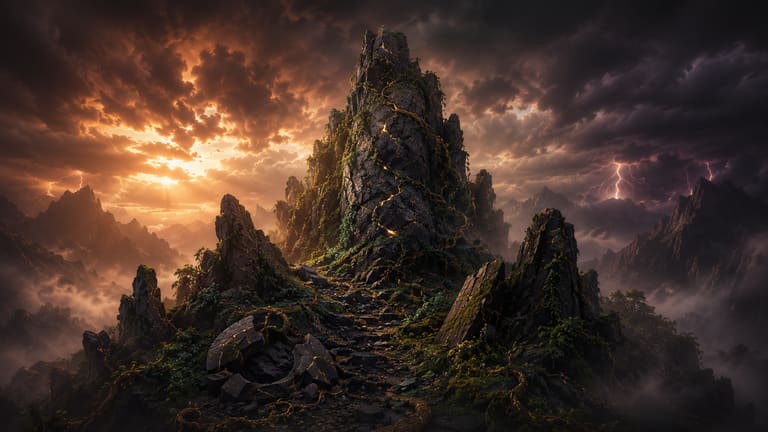 A wild rocky crag at storm-lit dusk, emerald moss and amber-bronze light breaking through the clouds