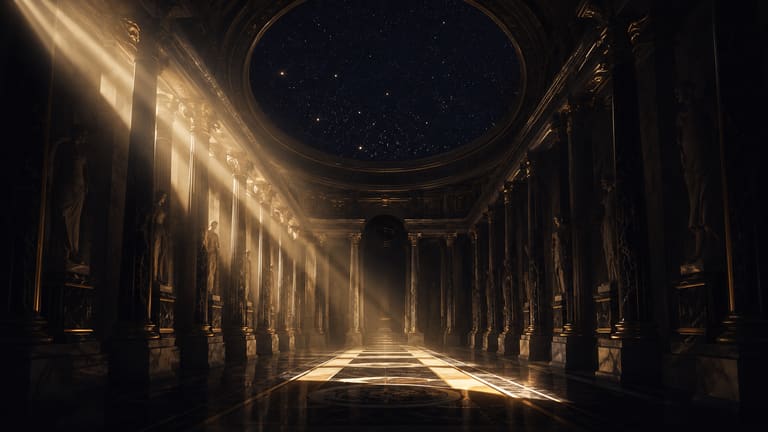 A vast marble hall of statuary beneath a starlit dome, a single shaft of gold light falling across the floor