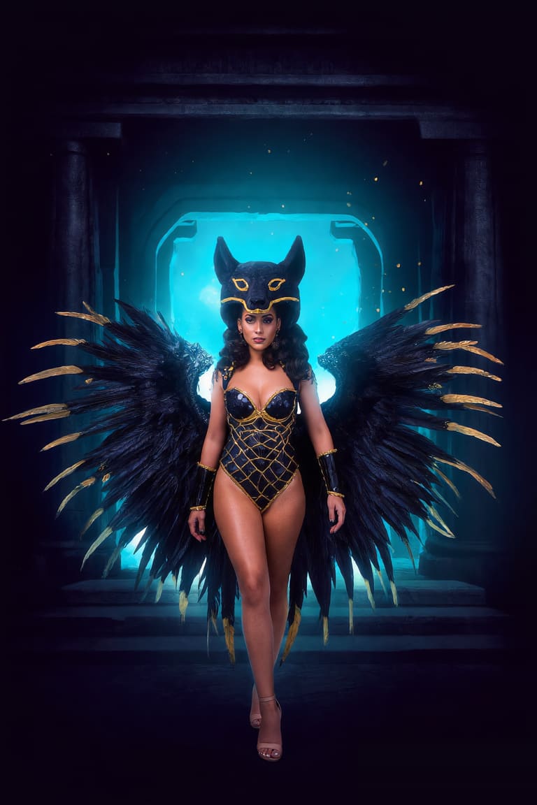 Anubis — obsidian and electrum couture costume with a jackal-eared headpiece crown