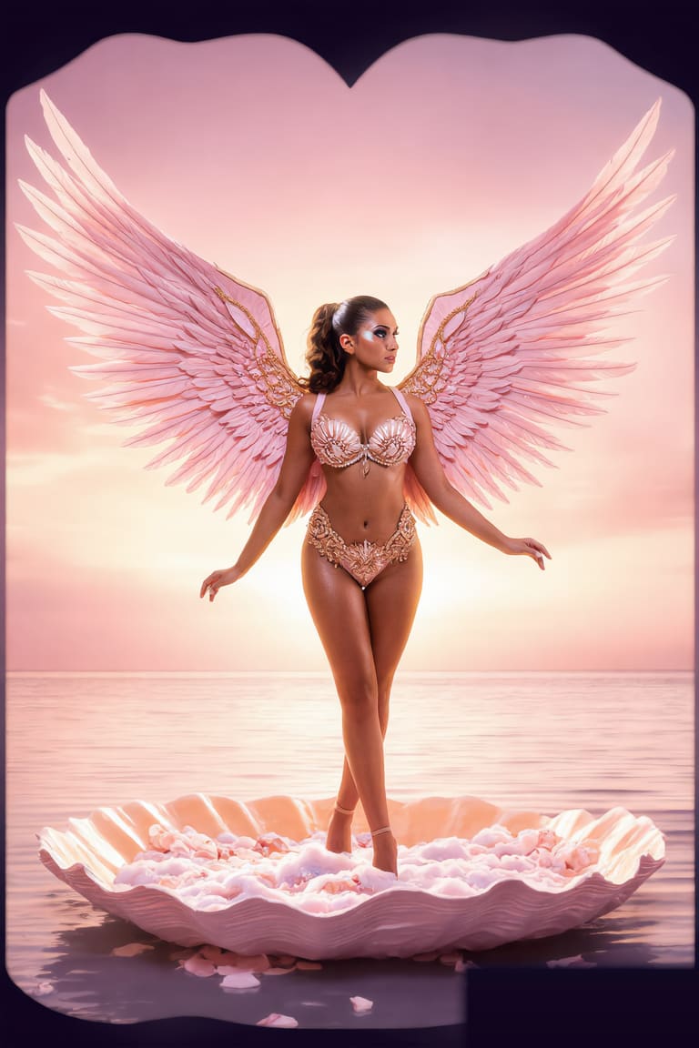 Aphrodite — rose-gold couture costume with a fanned dove-feather backpiece