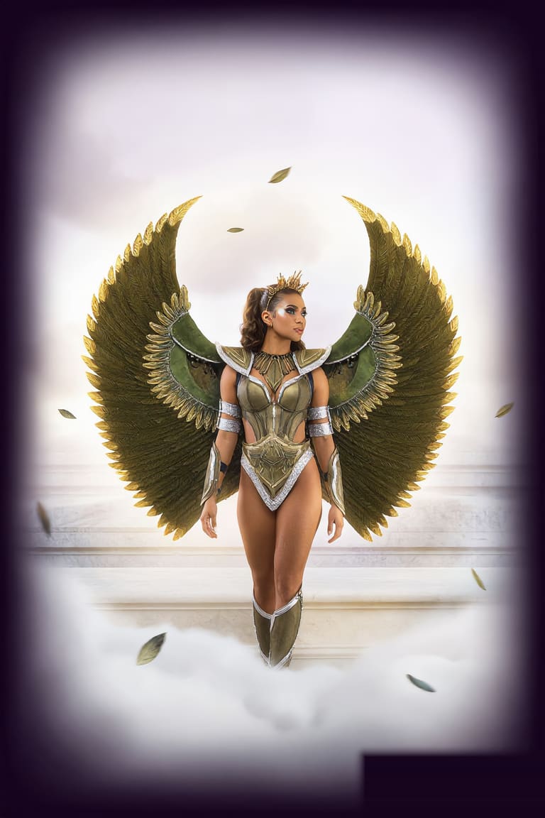 Athena — sage-olive and electrum couture costume with towering owl-feather wings
