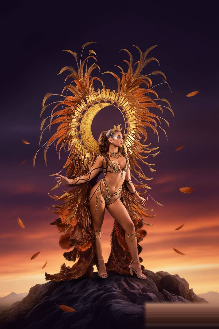 Freya — amber-bronze and electrum couture costume with a falcon-feather cloak backpiece