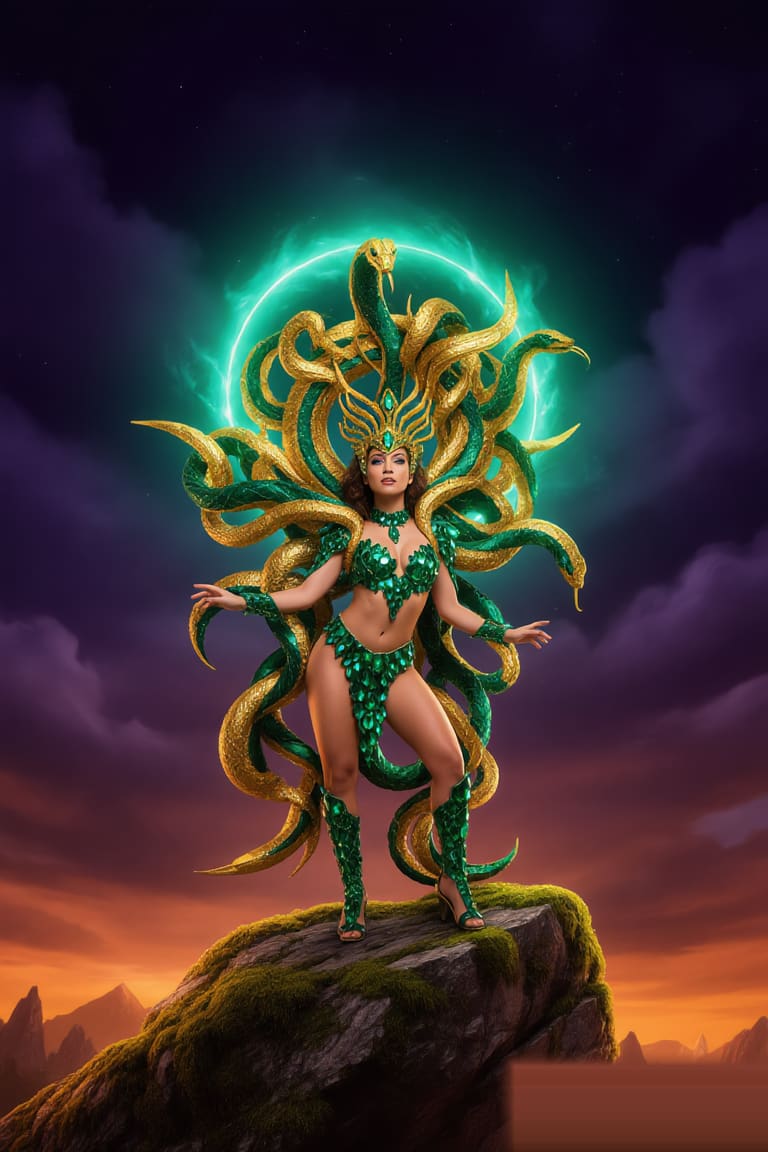 Medusa — emerald and electrum couture costume with a sculptural serpent-crown headpiece
